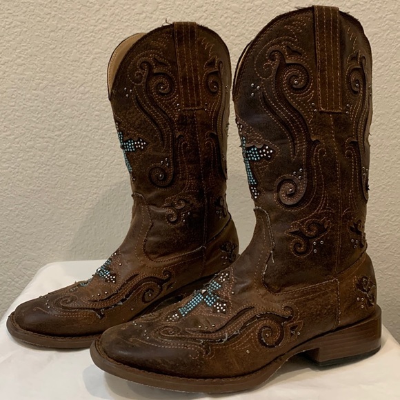 Roper Shoes - ROPER Bling Turquoise Crystal Cross Brown Faux Leather Western Boots Boho Size 6